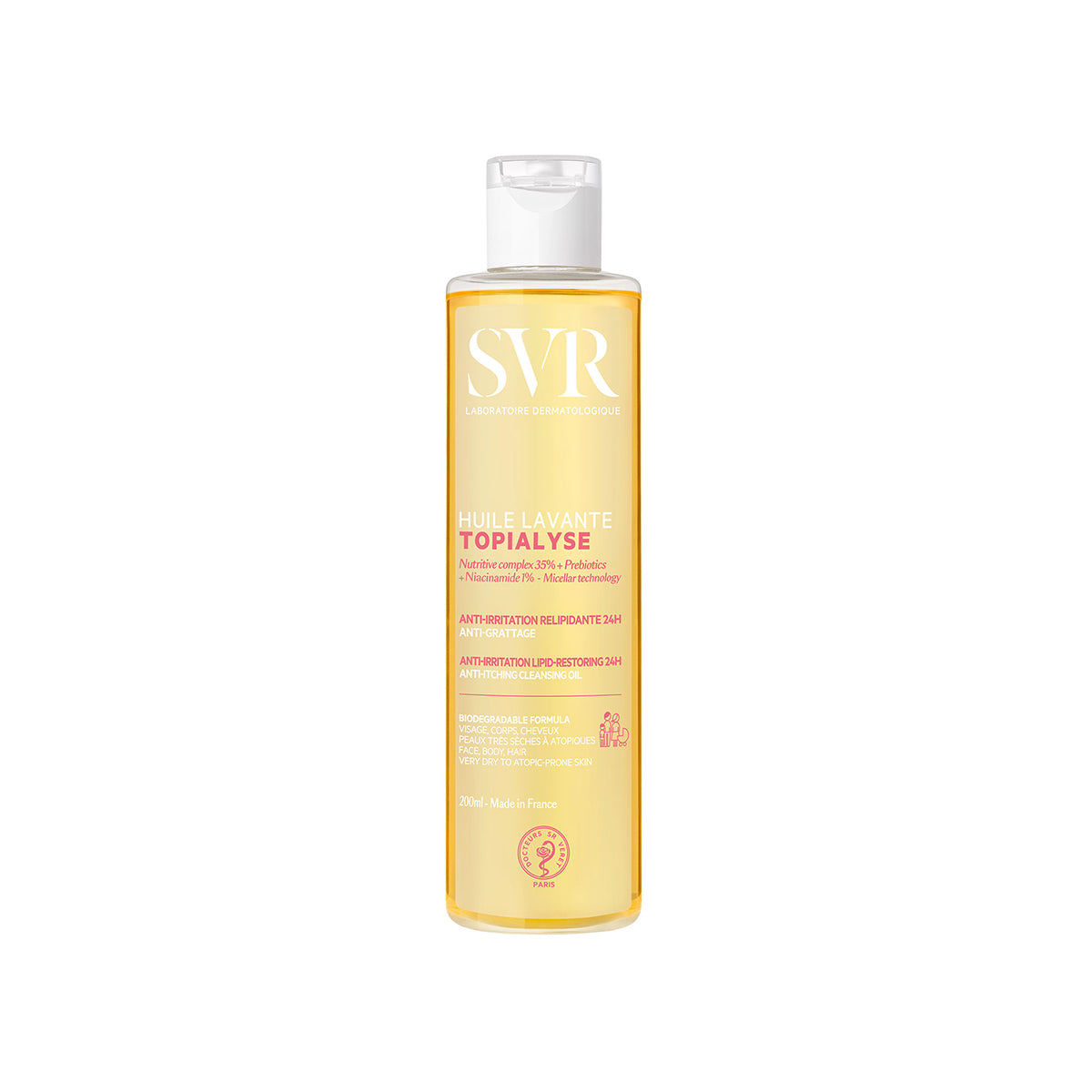 Envase de Topialyse Huile Lavante de SVR de 200 ml en fondo blanco