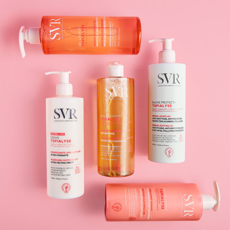 Productos de la gama Topialyse de SVR en un fondo rosa