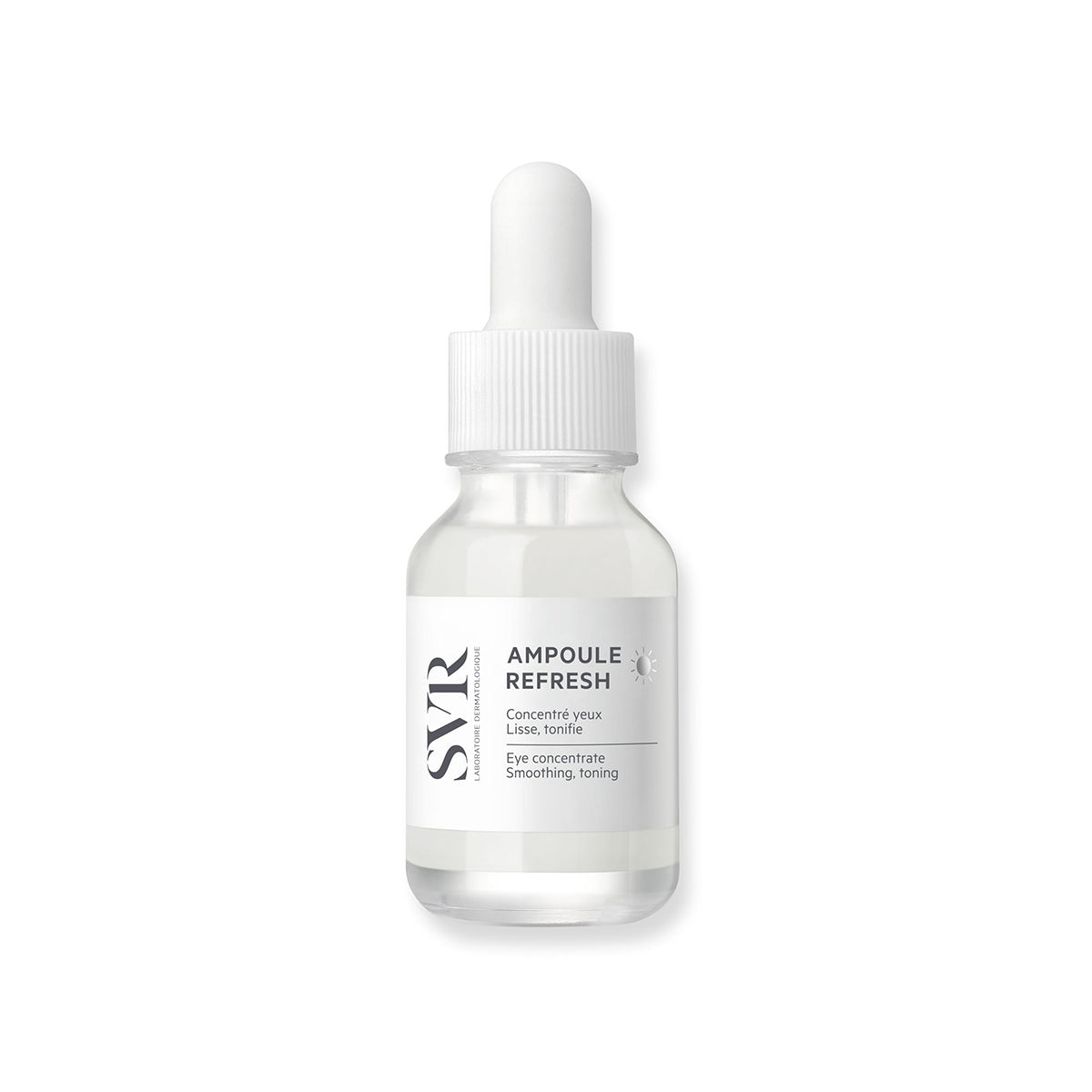 Frasco de vidrio transparente con gotero blanco de SVR Ampoule Refresh, sérum revitalizante para el contorno de ojos.