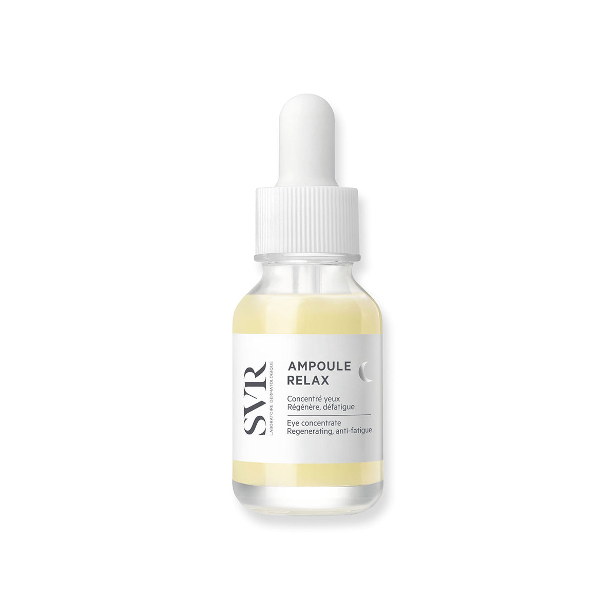 Frasco de vidrio transparente con sérum amarillo y aplicador de gotero blanco para el contorno de ojos SVR Ampoule Relax.