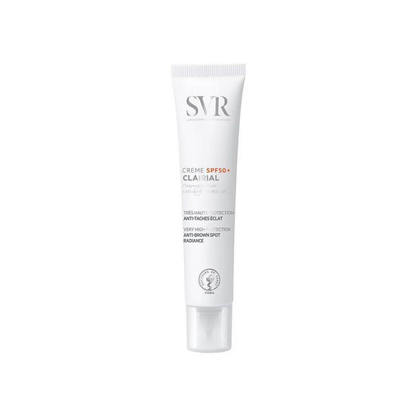 Envase del Creme SPF50+ Clairial de SVR sobre un fondo blanco