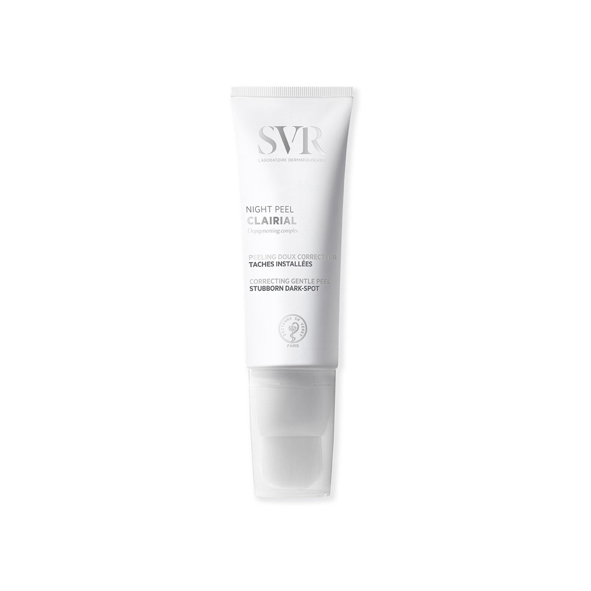 Tubo blanco de SVR Clairial Night Peel con aplicador de pincel integrado para tratamiento de manchas faciales.