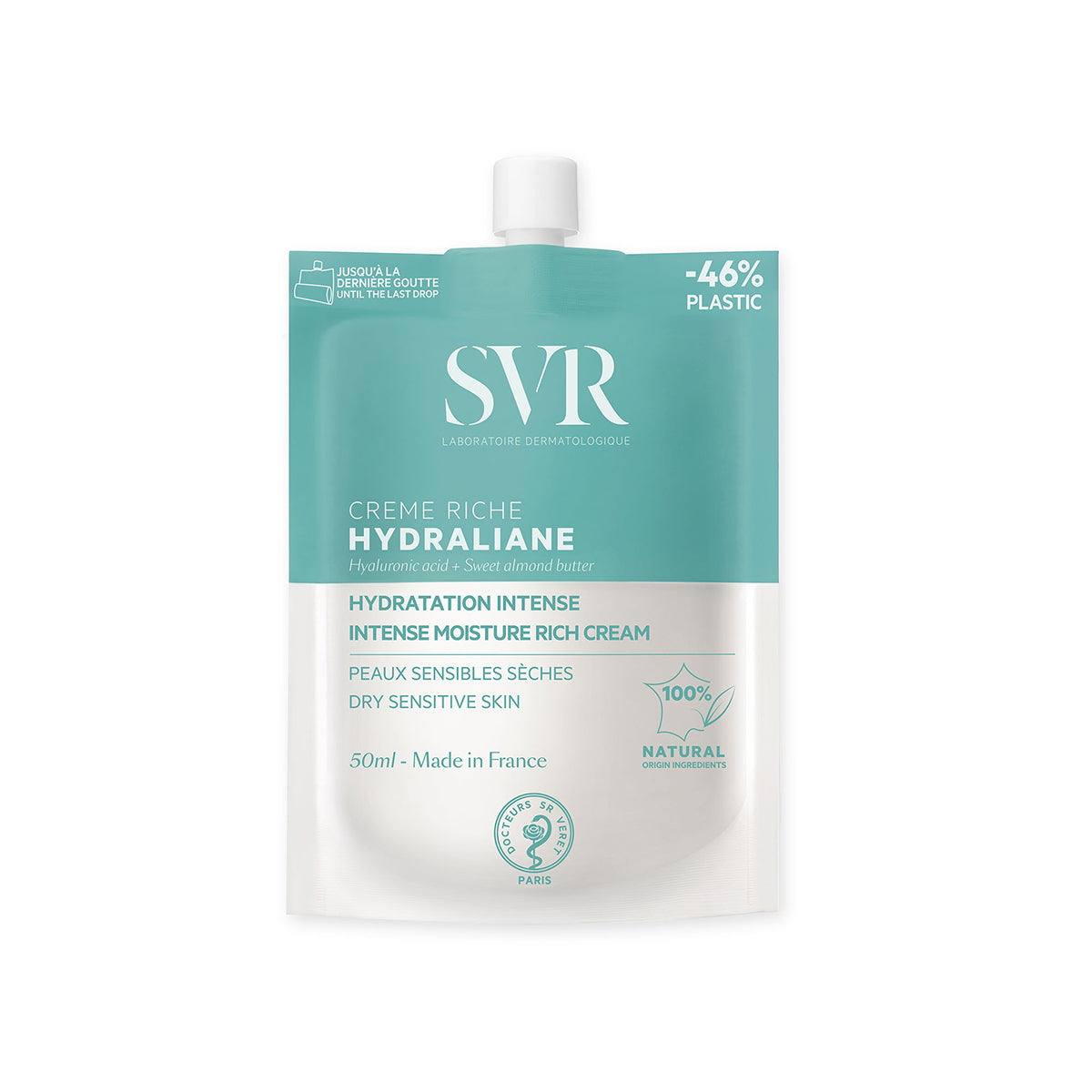 Envase flexible de 50ml SVR Hydraliane Crème Riche en color azul claro con tapón blanco para pieles secas y sensibles.
