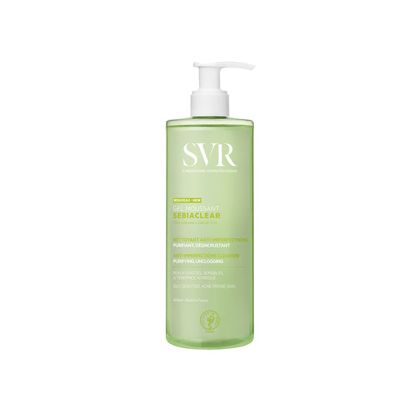 Envase de 400 ml del producto SEBIACLEAR Gel Moussant en fondo blanco