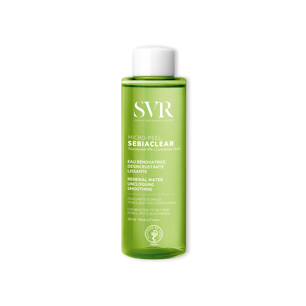Envase cilíndrico de 150 ml de SVR Sebiaclear Micro-Peel con líquido verde traslúcido y tapa blanca sobre fondo blanco.