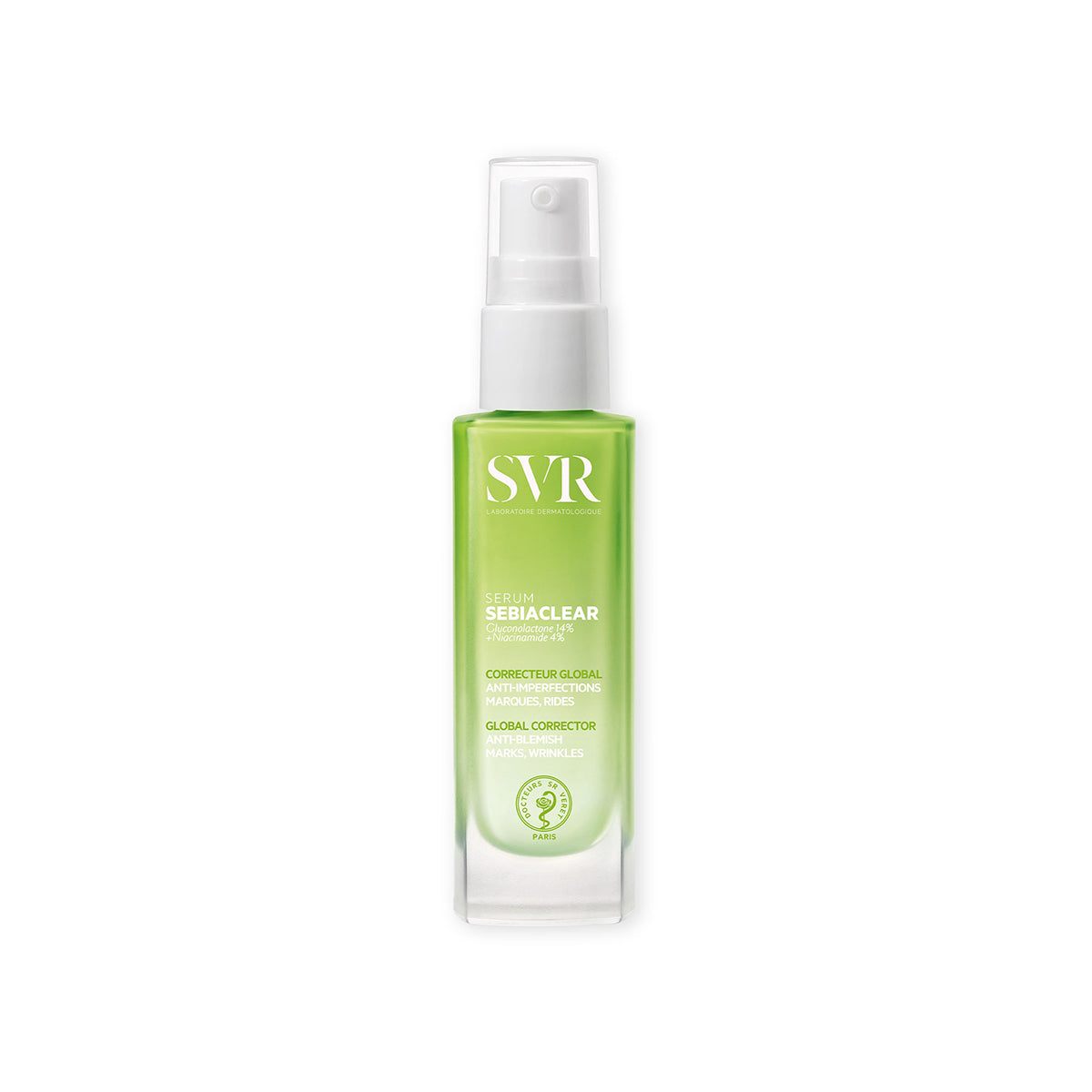Frasco de vidrio transparente con suero verde SVR Sebiaclear y dosificador blanco para pieles con tendencia al acné.