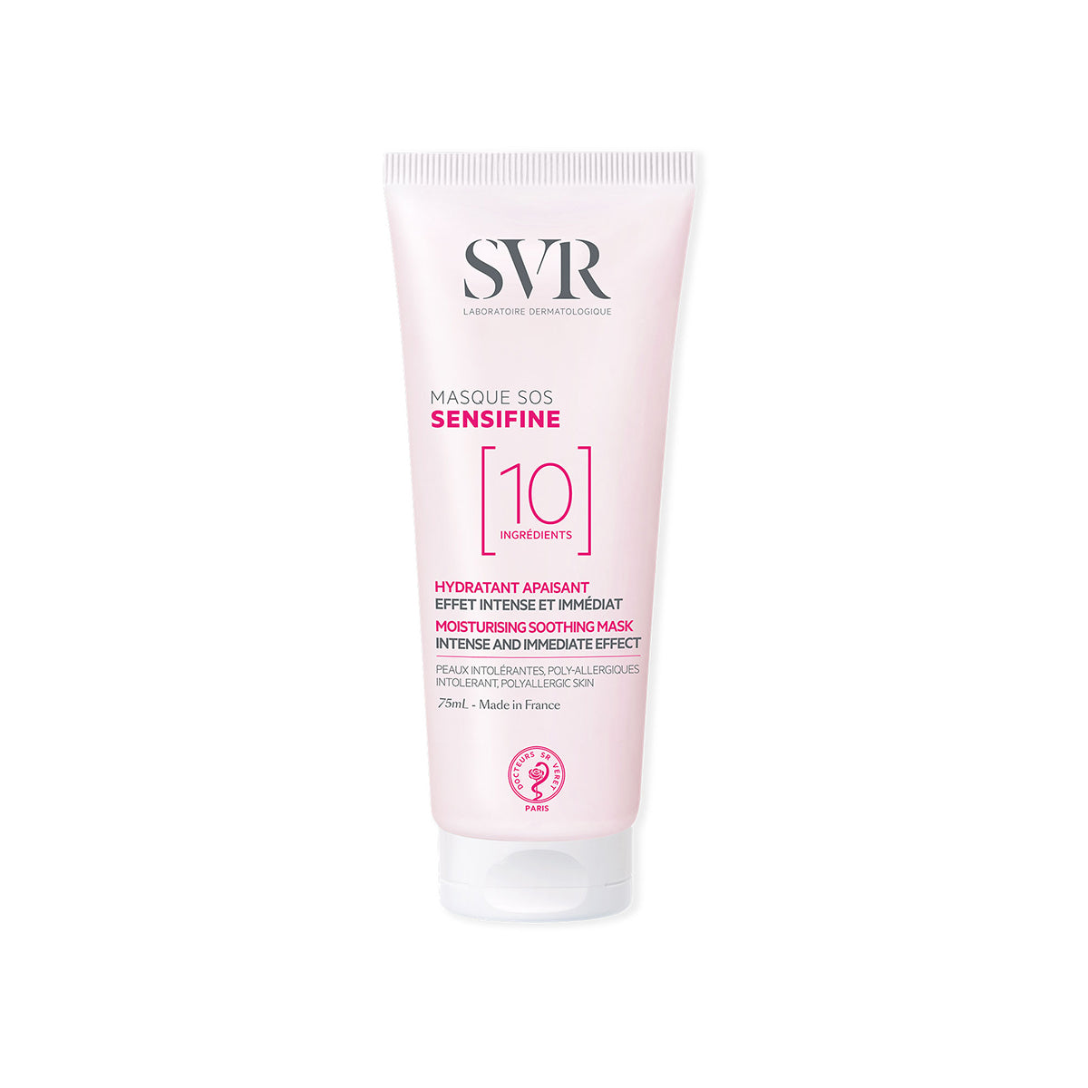 Envase del Masque SOS de Sensifine de 75 ml en un fondo banco