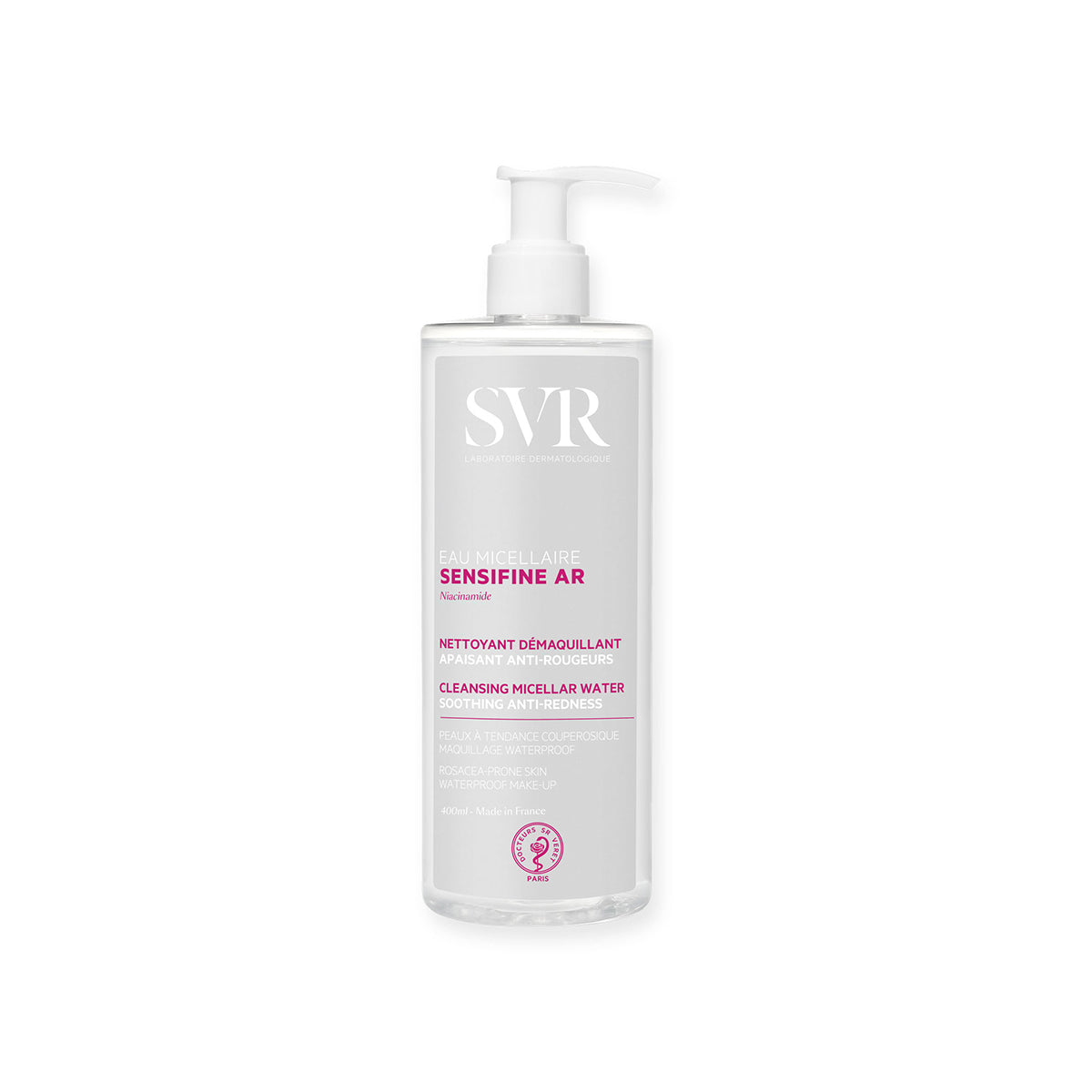 Producto en botella de 400 ml del SENSIFINE AR Eau Micellaire con un fondo blanco