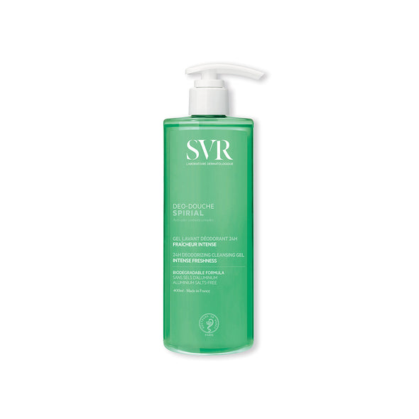 Producto gel limpiador de 400 ml del SPIRIAL Deo-Douche en un fondo blanco
