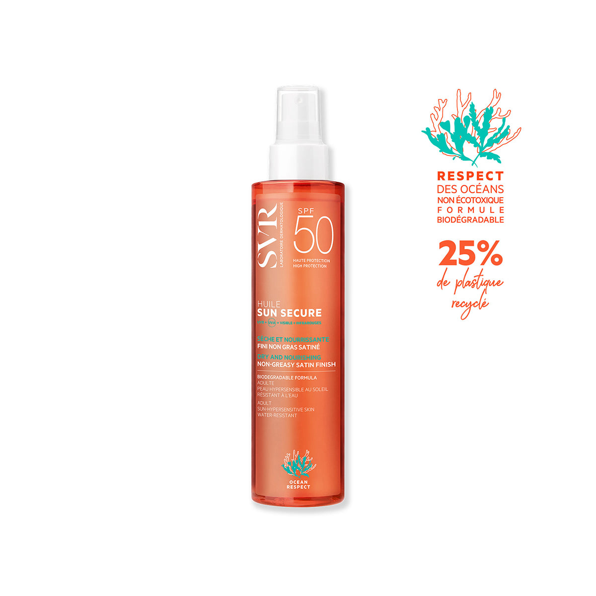 Envase cilíndrico naranja de protector solar SVR Sun Secure Huile SPF50 con atomizador y etiquetas de respeto oceánico.