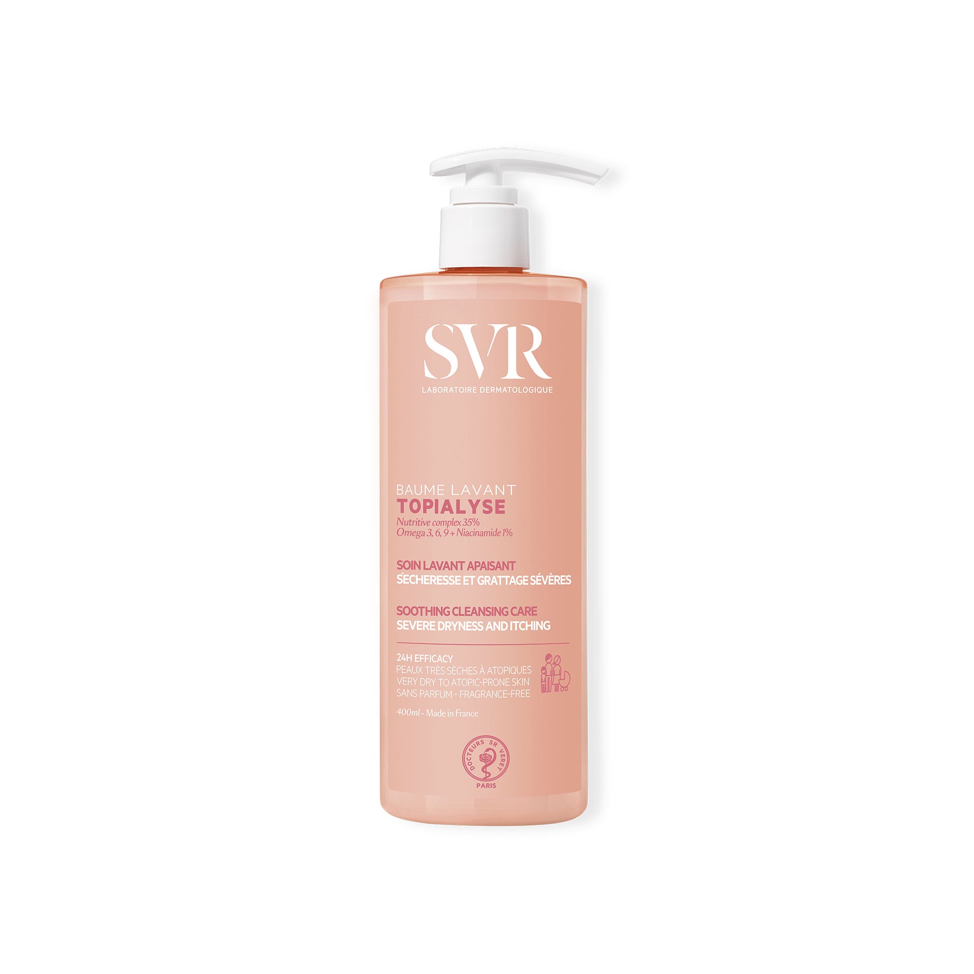 Producto dispensador de 400 ml del TOPIALYSE Baume lavant protect+ en un fondo blanco