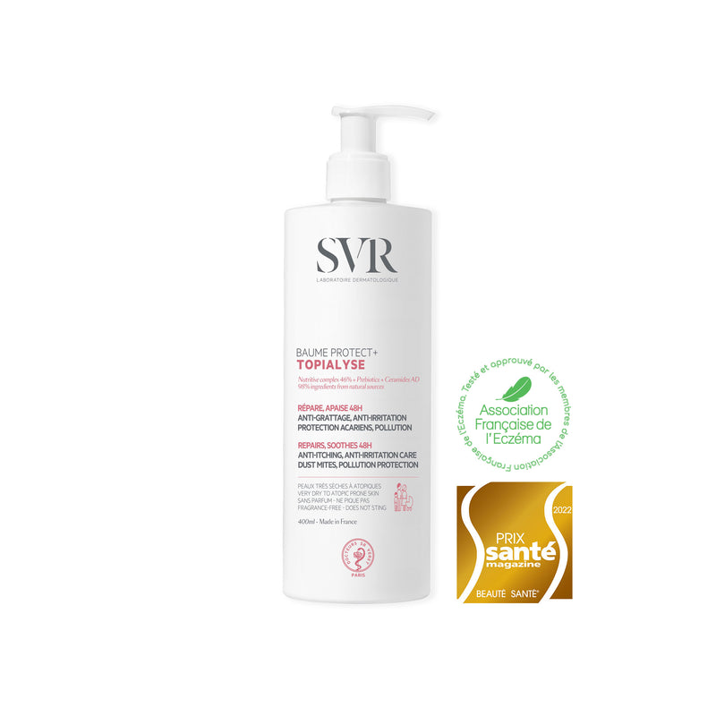 Producto envase de 400 ml de TOPIALYSE Baume Protect+ con fondo en blanco