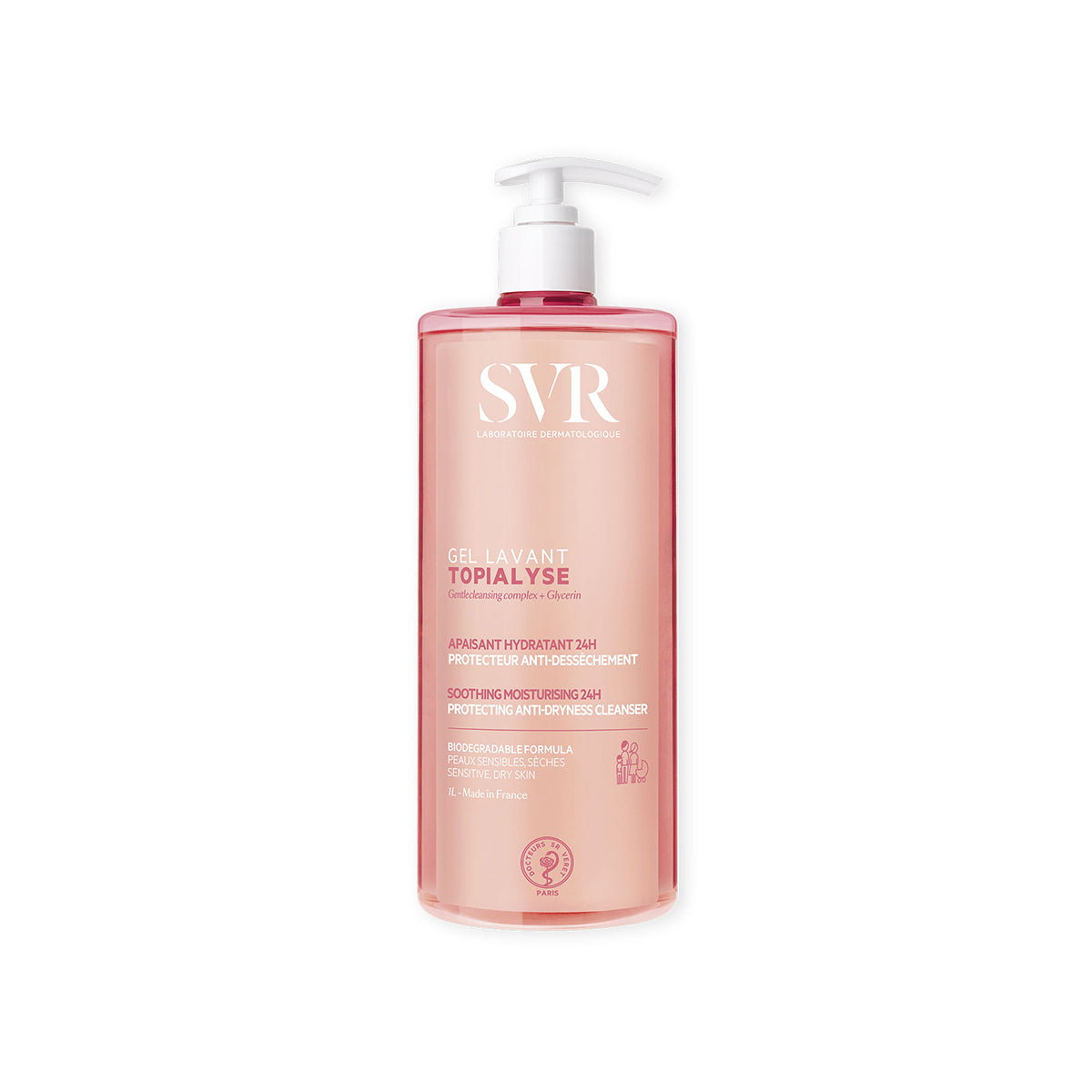 SVR Topialyse Gel Lavant en empaque de botella en un fondo blanco