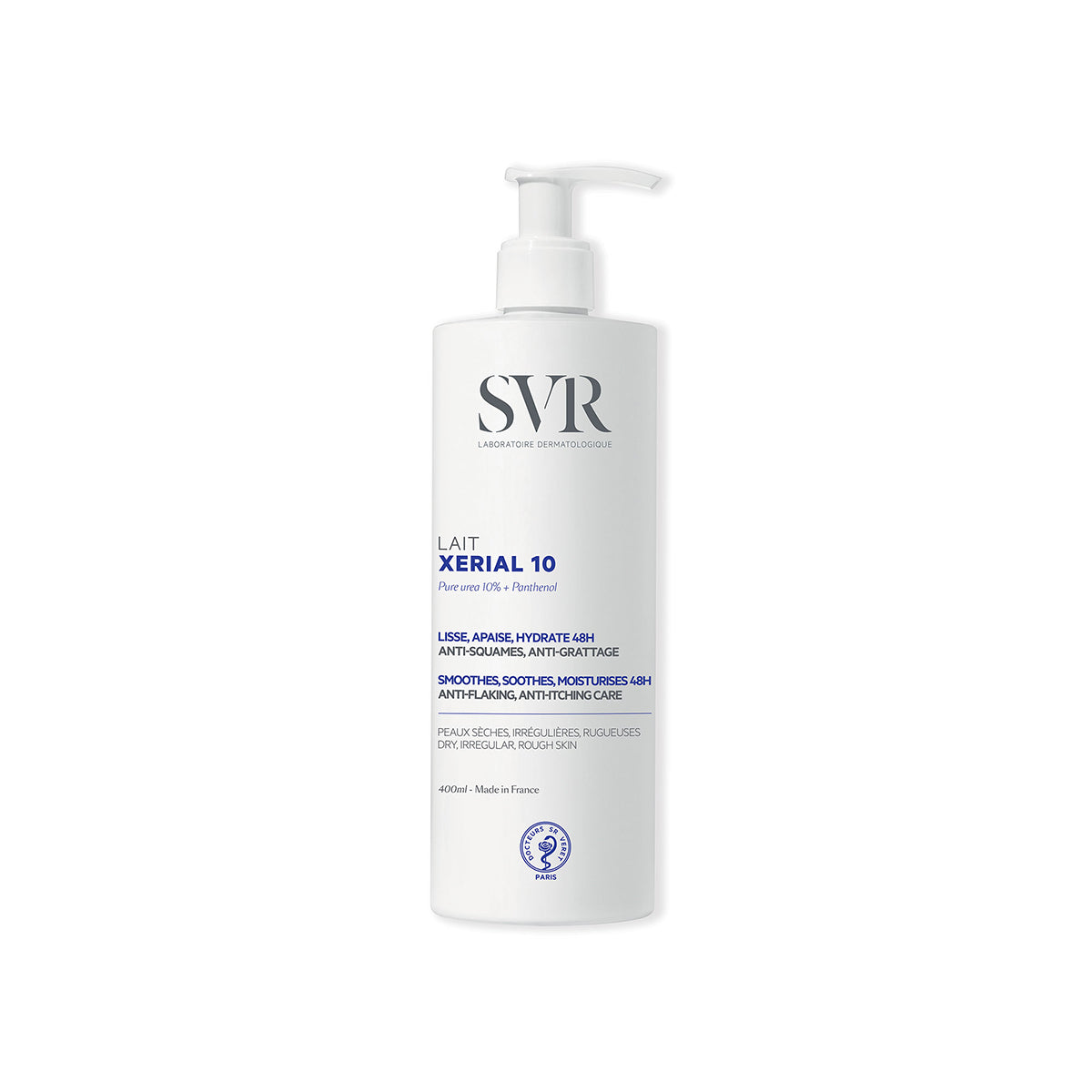 Producto en botella de 400 ml del Lait XERIAL 10 con fondo blanco