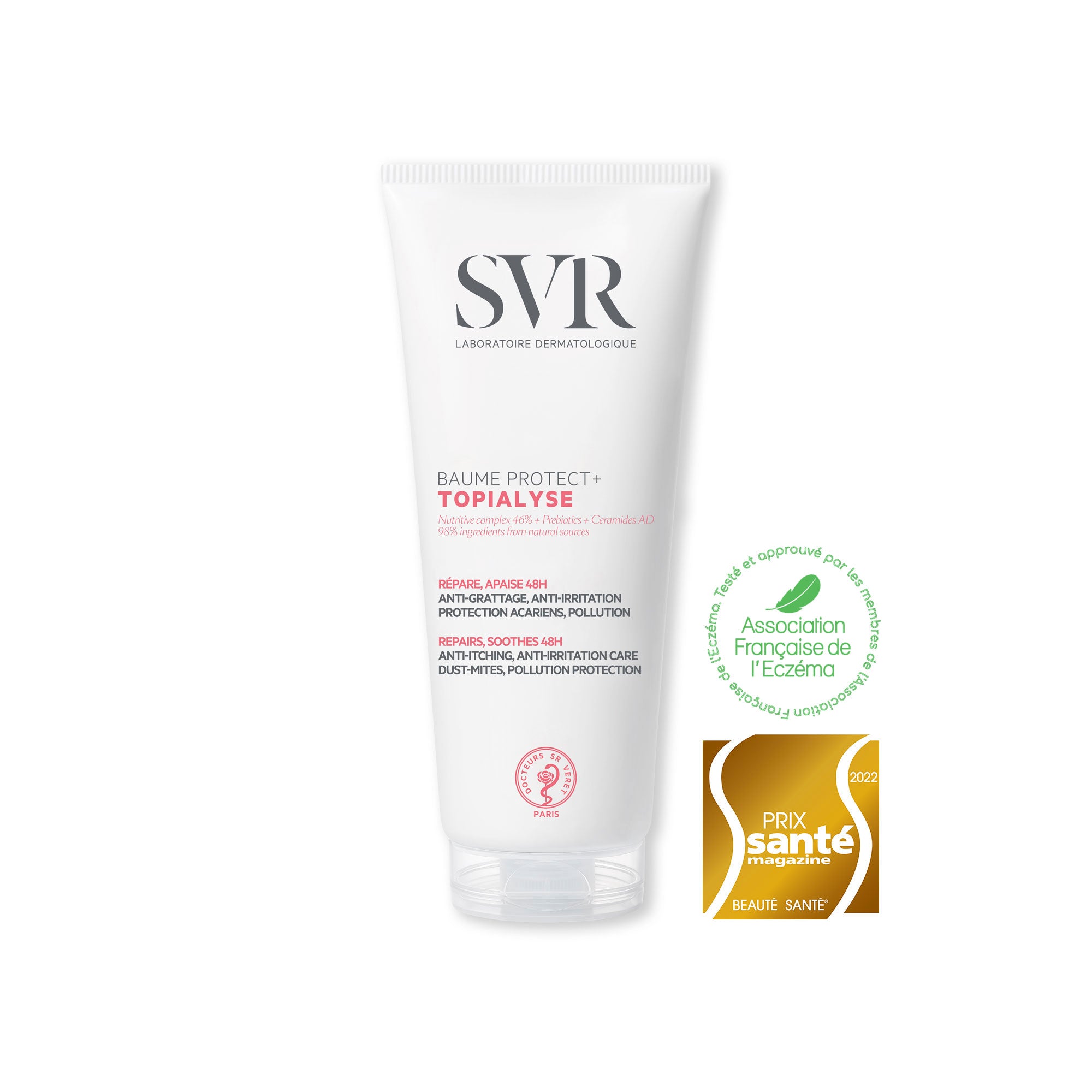 Producto envase de 400 ml de TOPIALYSE Baume Protect+ con fondo en blanco