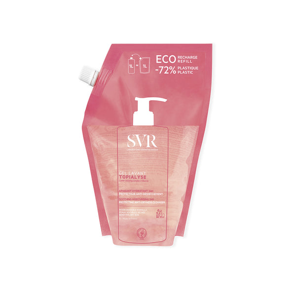 SVR Topialyse Gel Lavant en empaque Eco Recharge Refill en un fondo blanco