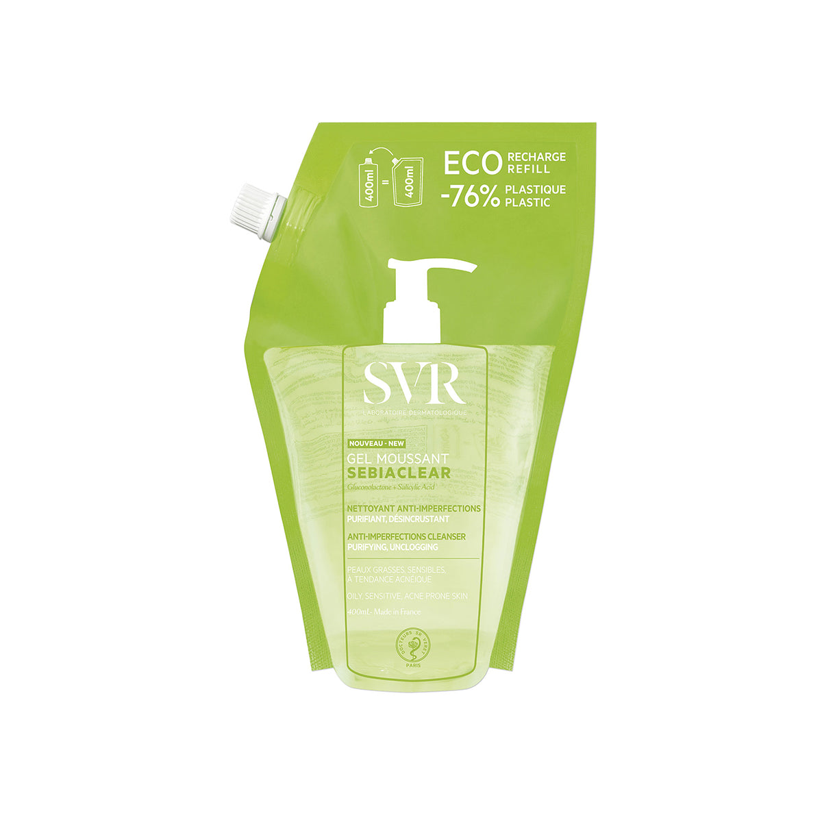 Envase Eco-refill del producto SEBIACLEAR Gel Moussant de SVR en un fondo blanco