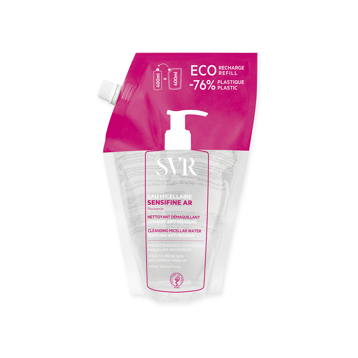 Producto en Eco-reffil de 400 ml del SENSIFINE AR Eau Micellaire con un fondo blanco