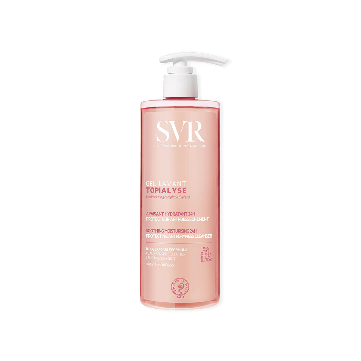 SVR Topialyse Gel Lavant en empaque de botella 400ml en un fondo blanco