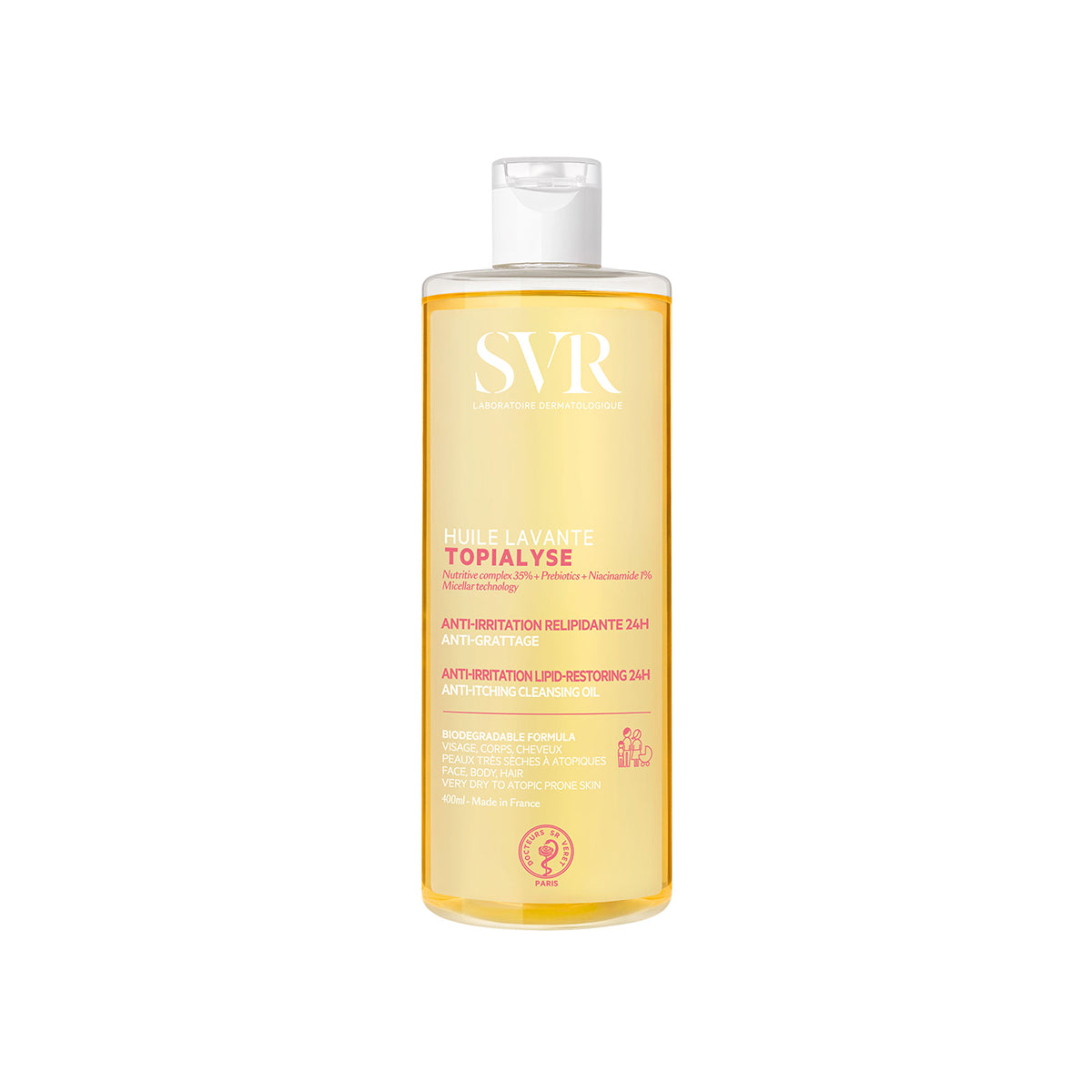 Envase de Topialyse Huile Lavante de SVR de 400 ml en fondo blanco