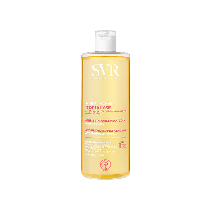 Envase de Topialyse Huile Lavante de SVR de 400 ml en fondo blanco