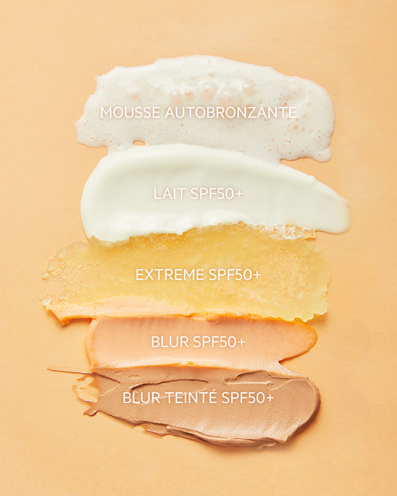 Texturas de los distintos bloqueadores de la gama Sunsecure en un fondo color beige