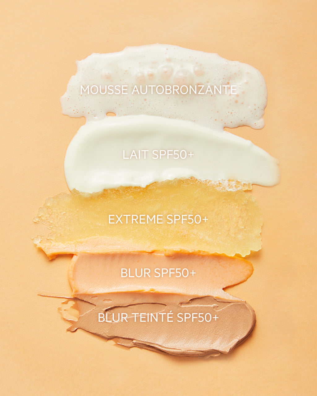 Texturas de los distintos bloqueadores de la gama Sunsecure en un fondo color beige