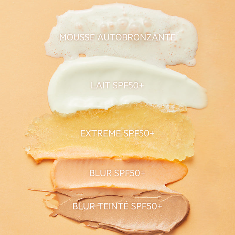 Texturas de los distintos bloqueadores de la gama Sunsecure en un fondo color beige