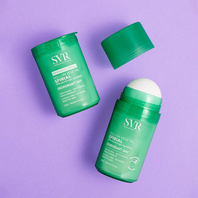 Productos Sprial de SVR Roll-on y recargable de 50 ml con envase color verde en fondo color morado