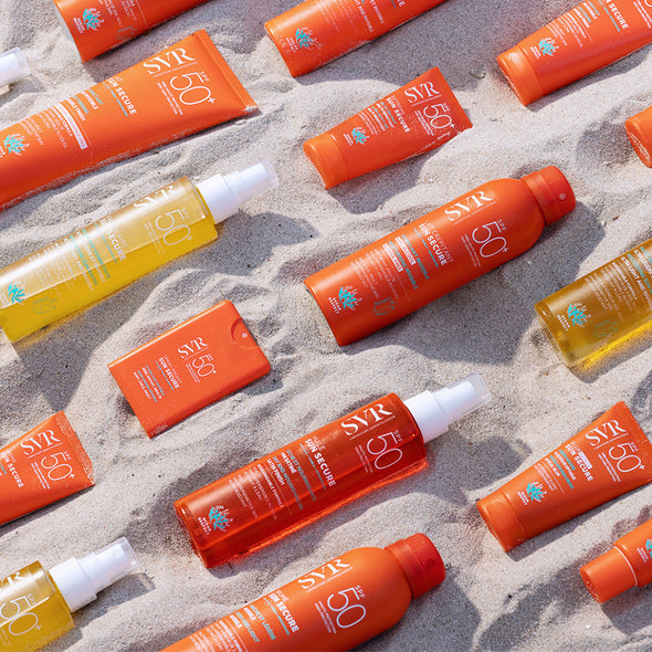 Distintos productos de la gama Sunsecure de SVR sobre la playa