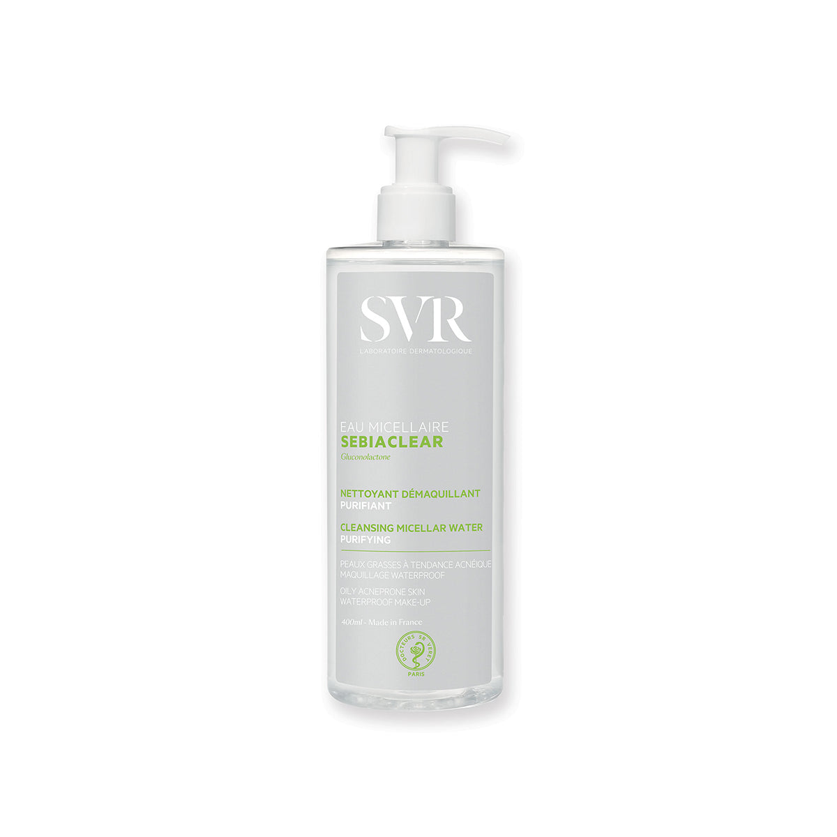 Envase de 400 ml del producto SEBIACLEAR EAU Micellaire en fondo blanco