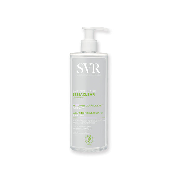 Envase de 400 ml del producto SEBIACLEAR EAU Micellaire en fondo blanco