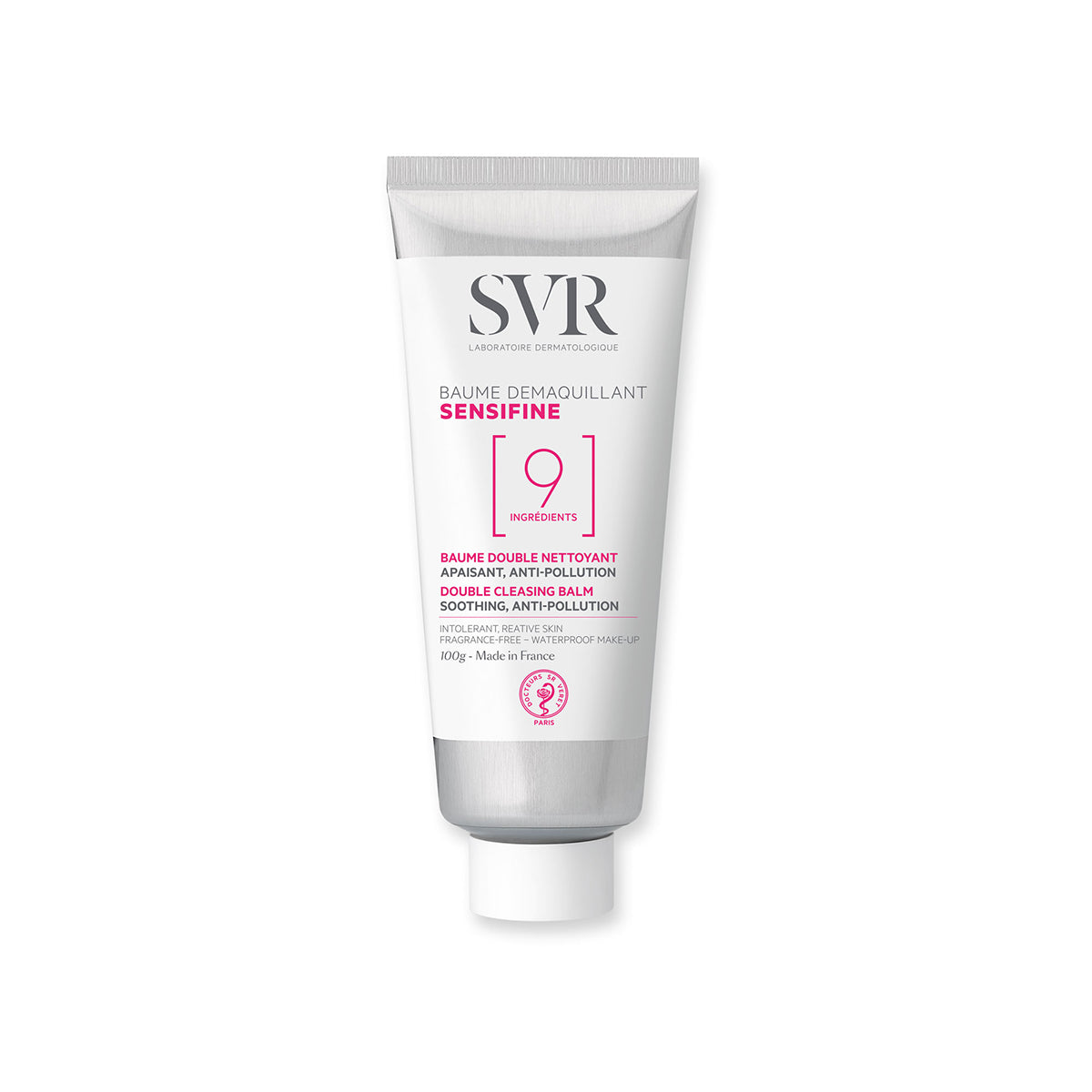 Tubo blanco y plateado de bálsamo desmaquillante SVR Sensifine de 100g con diseño minimalista y texto en rosa y negro.