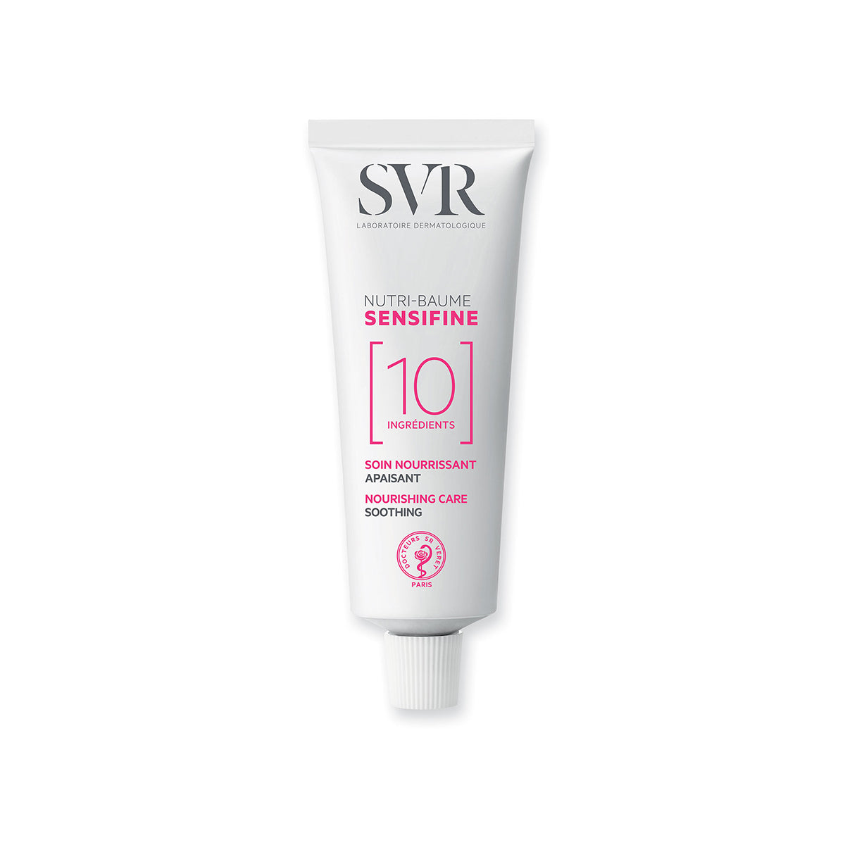 Tubo blanco de bálsamo hidratante SVR Sensifine Nutri-Baume con letras negras y rosas sobre fondo blanco.