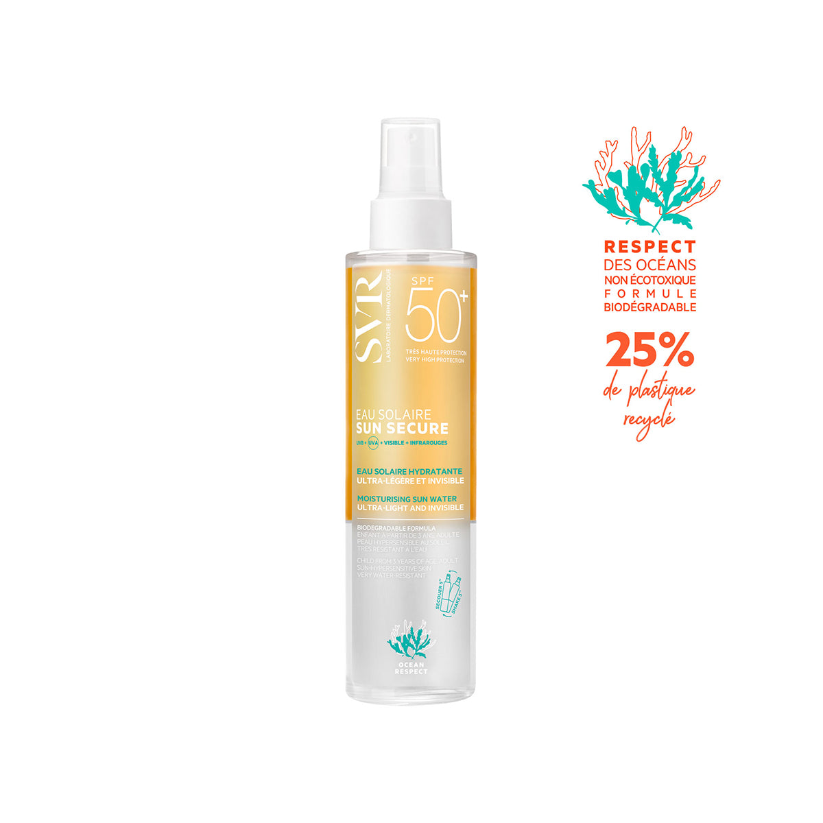 Frasco de spray SVR Sun Secure Eau Solaire SPF50+ con diseño transparente y etiquetas informativas sobre protección solar.