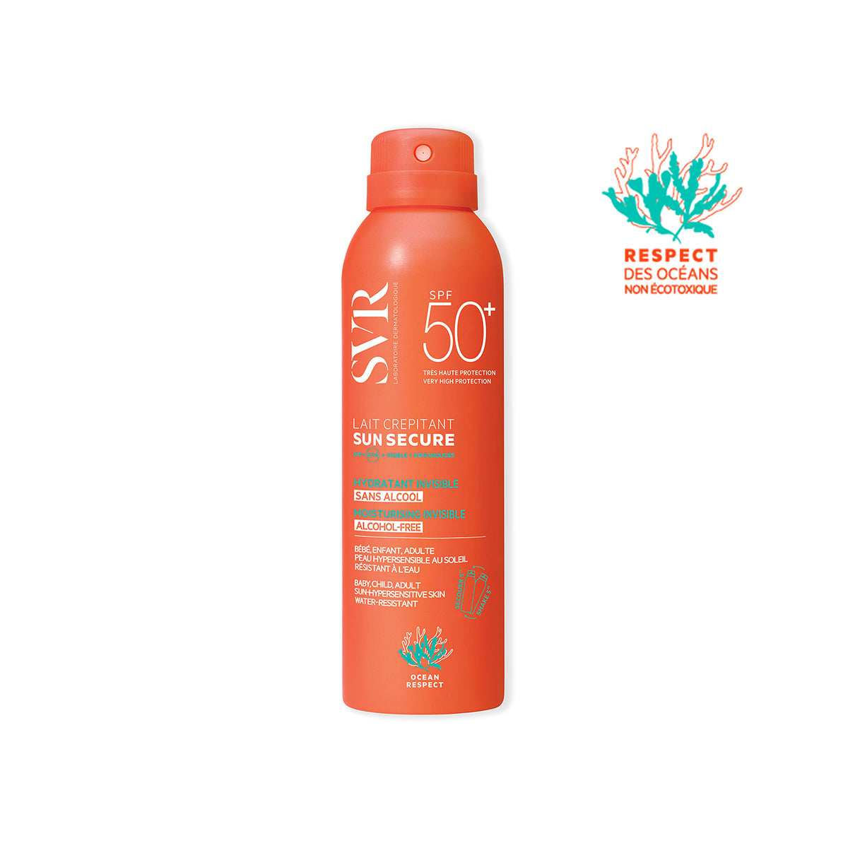 Sun Secure Lait Crepitant en fondo blanco y el logo de Respect Des Oceans non ecotoxique de lado superior derecho.