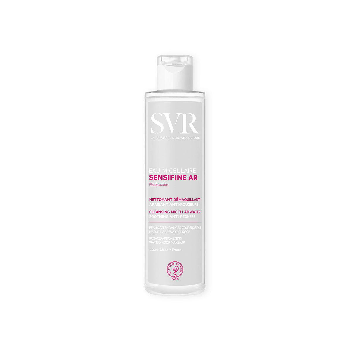 Producto en botella de 200 ml del SENSIFINE AR Eau Micellaire con un fondo blanco