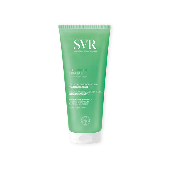 Producto gel limpiador de 200 ml del SPIRIAL Deo-Douche en un fondo blanco