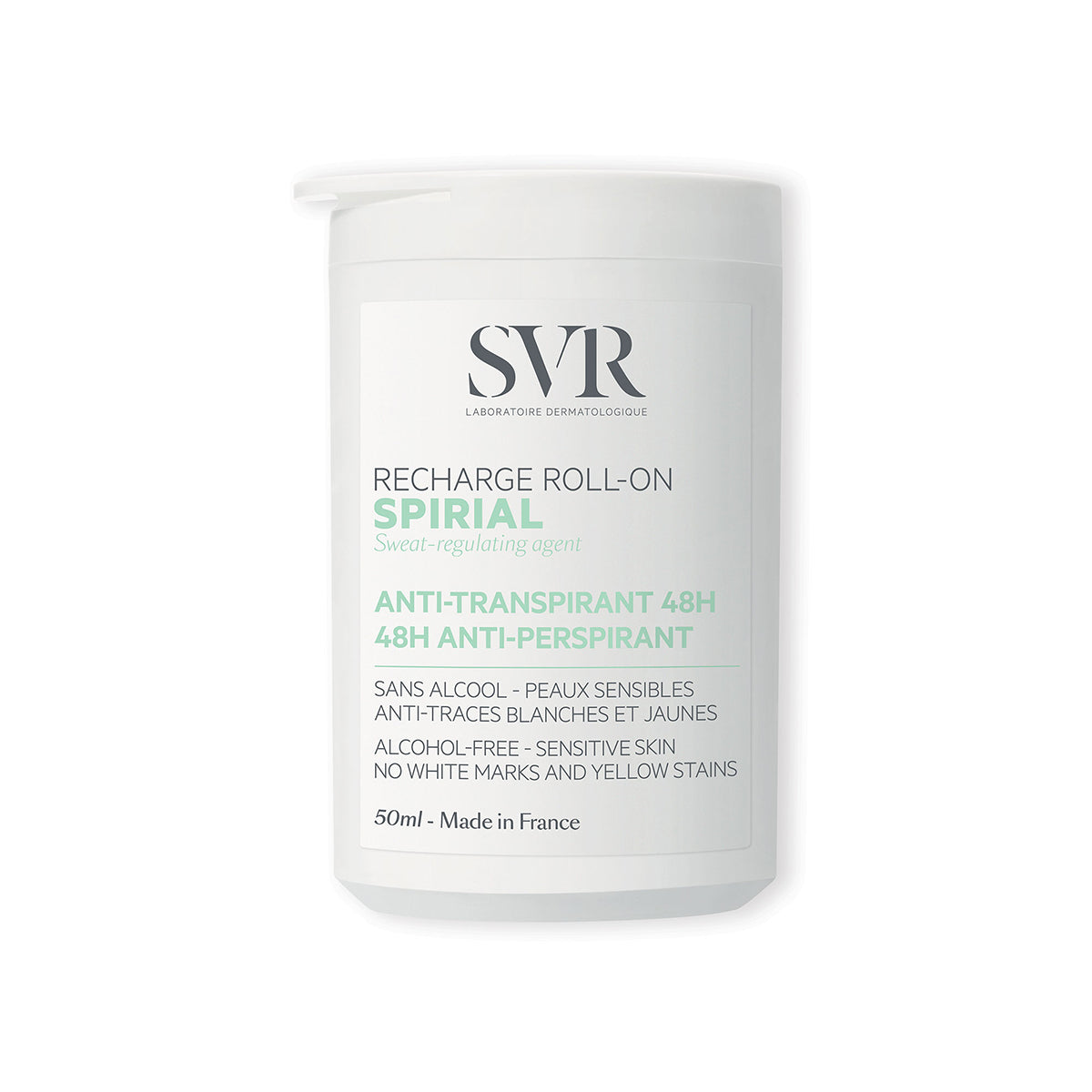 Producto antitranspirante de 50 ml del SPIRIAL Roll-on Recargable en un fondo blanco