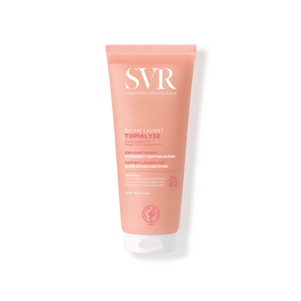 Producto dispensador de 200 ml del TOPIALYSE Baume lavant protect+ en un fondo blanco