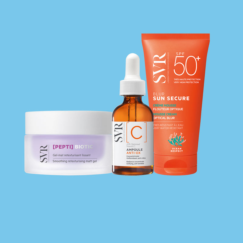 Rutina Piel Firme y Radiante: [PEPTI] Biotic + [C] Ampoule + Sun Secure Blur