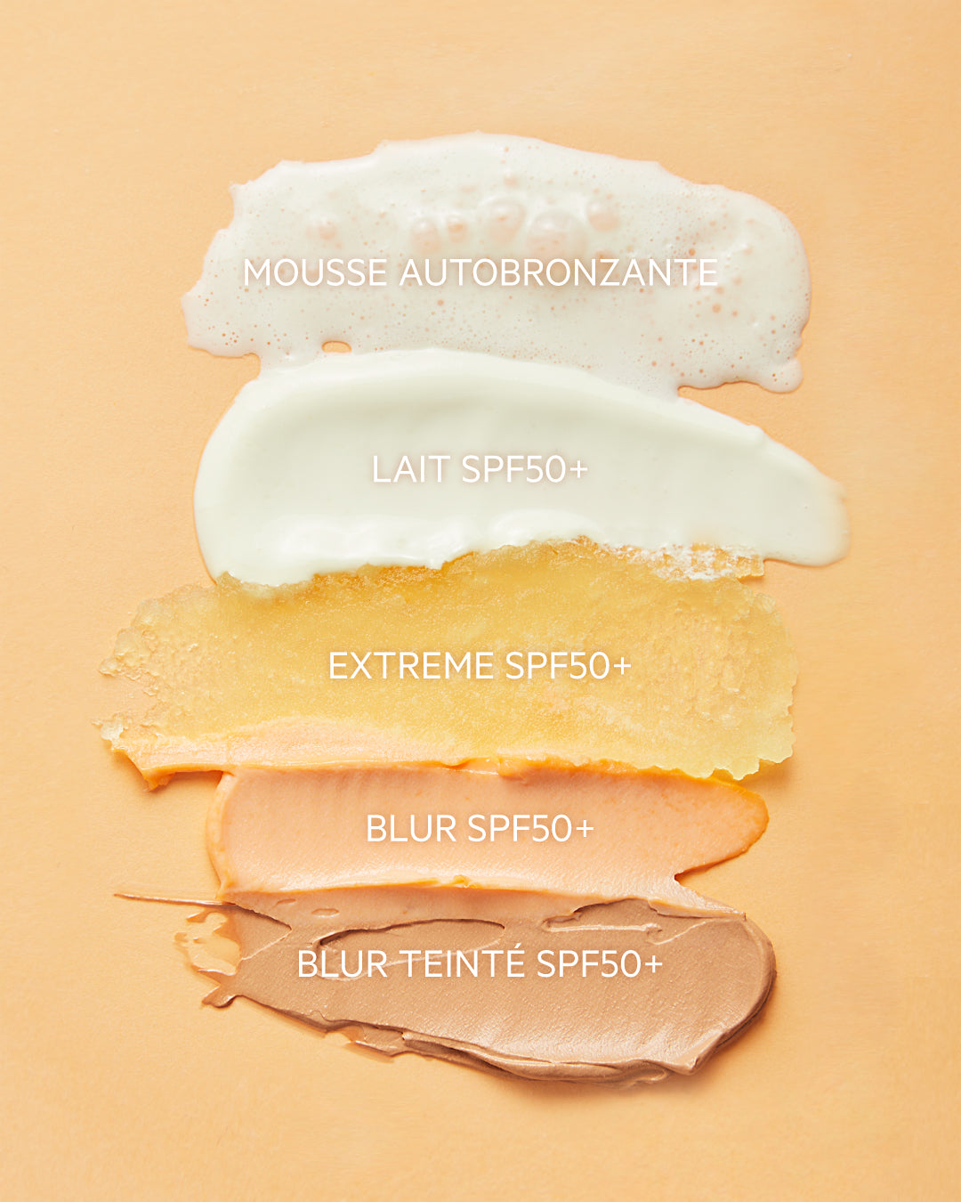 Texturas de los distintos bloqueadores de la gama Sunsecure en un fondo color beige
